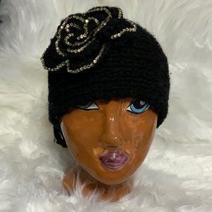💕🧶🪡Vintage Black headband 🌸 flower with rhinestone